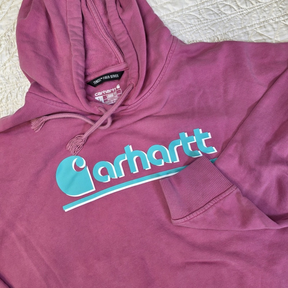 Carhartt Womens Large Pink Hooded Sweatshirt Tencel Fiber Loose Fit Graphic Logo